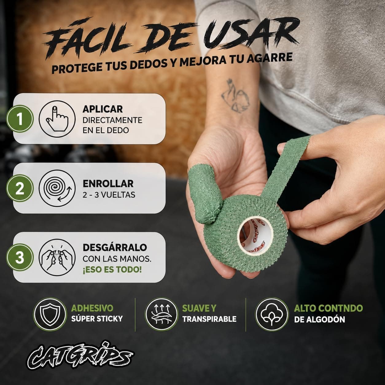 Aplicación del tape CrossFit CatGrips sobre el pulgar, paso a paso