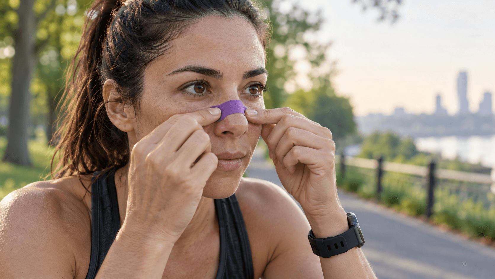 Imagen ilustrativa de una corredora colocando una tira nasal antes de entrenar
