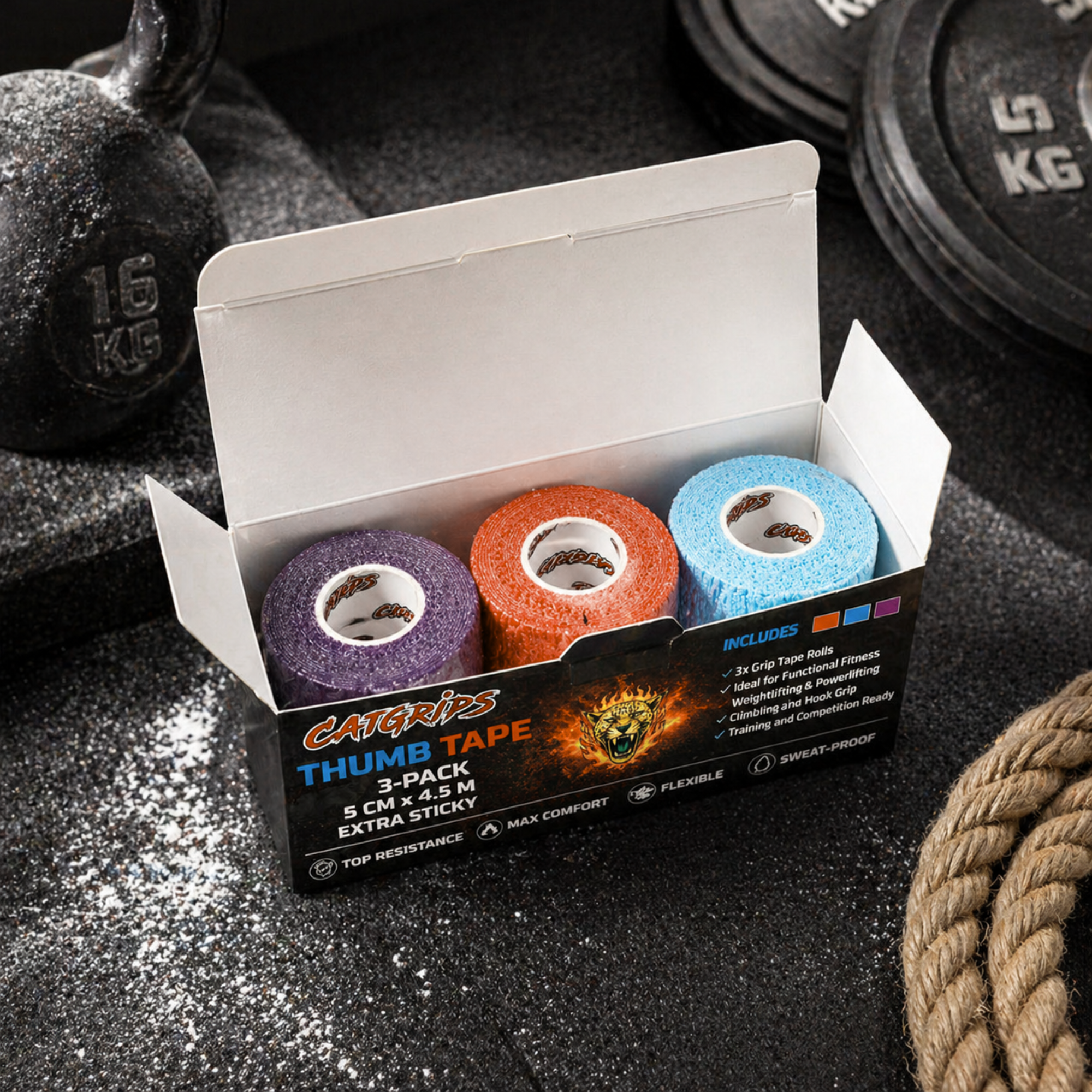Tape CrossFit CatGrips 5cm — pack 3 rollos aplicación muñecas pulgares manos grandes