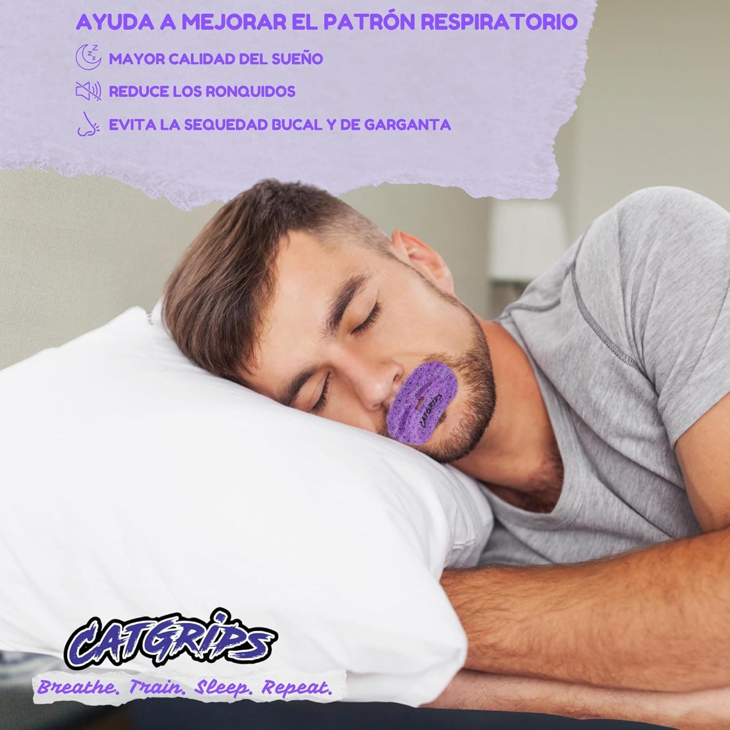 Cinta Bucal CATGRIPS – adhesivo hipoalergénico de alto rendimiento, agujero de ventilación central